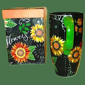 Lg ceramic Latte mug with sunflower yellow & orange shades, greenery motif,lid,